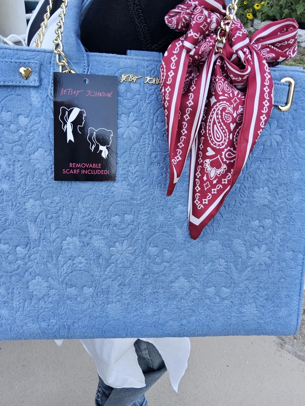 NWT-Betsey Johnson Blue Jean Skull Embossed Tote with Removable Red Head Scarf